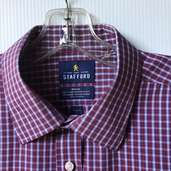 Stafford Men's Maroon Checked Long Sleeve Button Down Shirt Size 17.5. (34-35) - Picture 4 of 9
